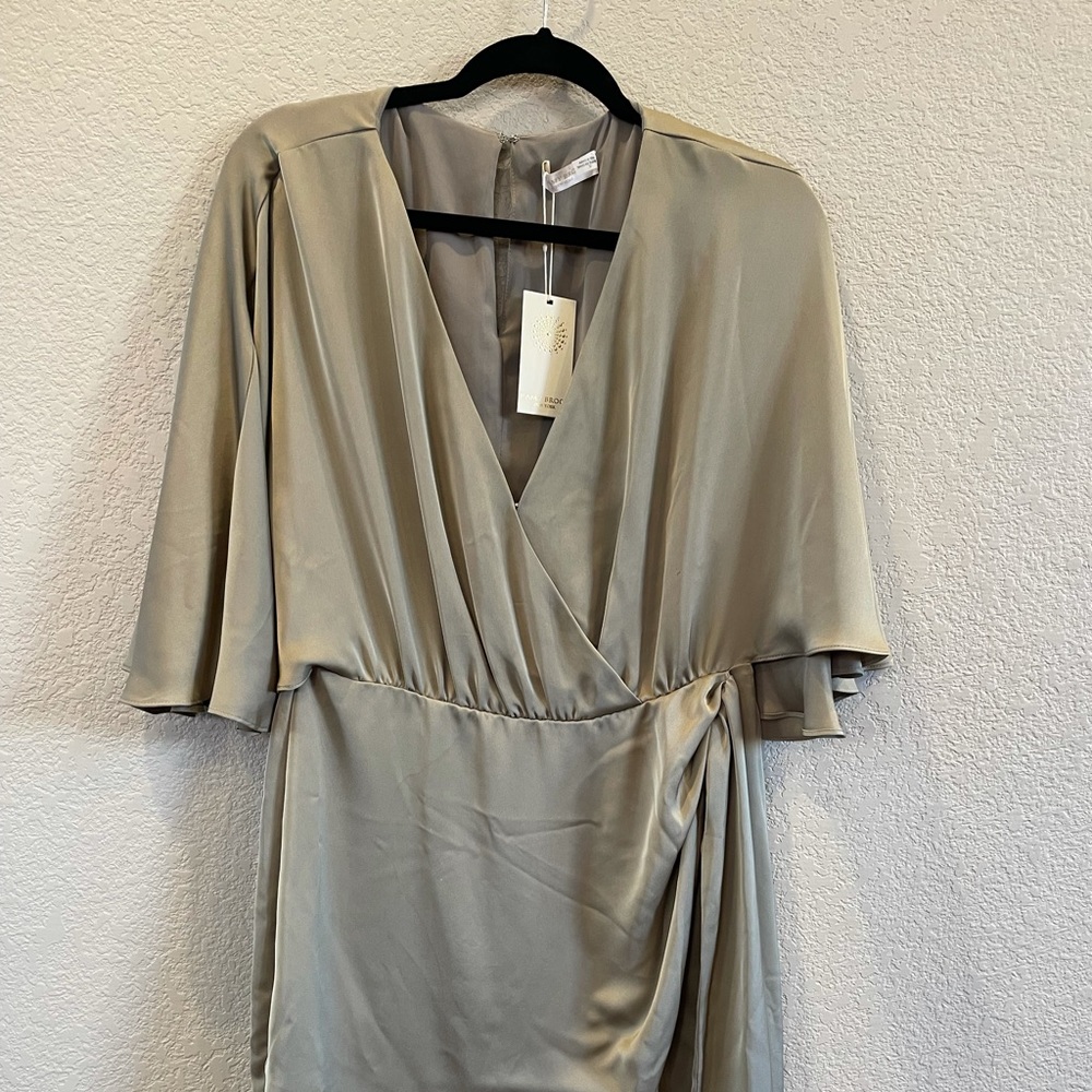 Ramy Brook LLC NWT Alexis Dress Size 12 Tan Taupe Khaki Safari Satin
